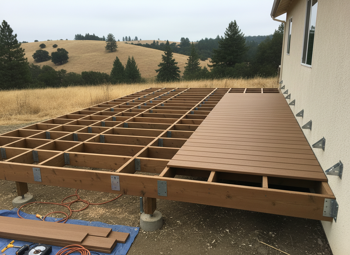A detailed photographic scene of a high-quality deck construction project in progress behind a Lake County home, with no people present. Freshly installed pressure-treated lumber joists form a precise grid pattern, topped by partially laid composite deck boards in a warm, natural brown tone. Galvanized metal hardware and structural brackets are clearly visible, aligned perfectly along the ledger board of the house’s stucco exterior. In the background, a gentle slope with native grasses and distant evergreen trees suggests a California hillside. Soft overcast daylight provides even, shadow-free illumination, highlighting clean cuts, consistent spacing, and careful workmanship. Captured from a low, slightly angled perspective near the deck surface, the composition leads the viewer’s eye along the length of the boards, conveying durability, reliability, and professional site organization with neatly stacked materials and tools at the frame’s edge.