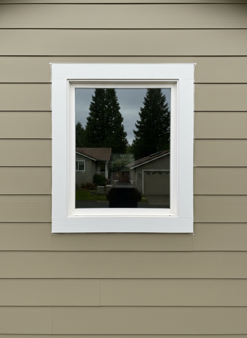 A detailed photographic close-up of high-quality exterior siding and window installation on a residential remodel in Northern California. Smooth fiber-cement lap siding in a warm greige tone runs horizontally with perfectly consistent reveals, terminating neatly at crisp, white corner trim. A newly installed, energy-efficient vinyl window is centered in the frame, its frame square and level, with expertly integrated flashing and trim details visible along the edges. Soft, bright overcast daylight evenly illuminates the wall, emphasizing texture without harsh shadows. In the softly blurred background, hints of neighboring homes and leafy trees suggest a quiet Lake or Contra Costa County neighborhood. Captured straight-on with a shallow depth of field focused on caulking lines and precise joints, the mood is confident and meticulous, highlighting the reliability and craftsmanship of a trusted general contractor.