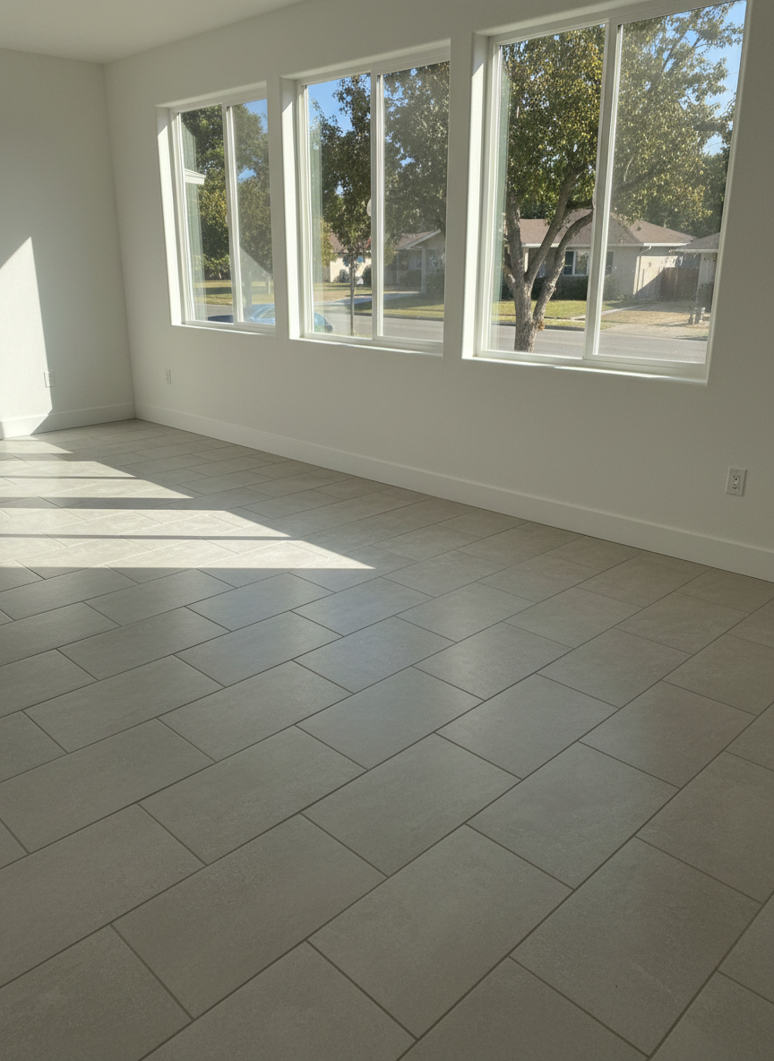 A meticulously staged photographic interior featuring newly installed flooring and windows in a Contra Costa County home. The room showcases flawlessly laid large-format porcelain tile in a light concrete-look finish, running in a precise staggered pattern. Along one wall, a series of new vinyl-framed, dual-pane windows stretches from knee height to near the ceiling, their clear glass revealing a sunlit suburban street with mature trees in soft focus. Afternoon sunlight streams through, casting gentle geometric shadows across the tile and subtly emphasizing its texture. Crisp white walls and trim frame the scene, free of any decor, highlighting the construction work itself. Captured from a low, diagonal angle, the composition draws attention to the long lines of grout joints and window frames. The mood is clean, modern, and professional, ideal for showcasing high-quality renovation results.
