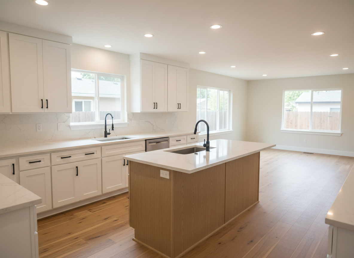 A bright, meticulously finished open-concept kitchen remodel in Contra Costa County, photographed in crisp, realistic detail. Custom shaker-style white cabinets with soft-close drawers and matte black pulls line the walls, paired with a solid quartz countertop featuring subtle gray veining. A large central island in a contrasting light oak wood grain anchors the space, with an undermount stainless steel sink and sleek gooseneck faucet. Wide-plank engineered wood flooring runs continuously into an adjacent living area, visible in the softly blurred background. Natural daylight pours through new energy-efficient windows, complemented by warm recessed ceiling lights, creating a balanced, inviting glow. Shot from a slightly elevated corner angle, the composition emphasizes clean lines, flawless installation, and functional layout. The atmosphere is modern, organized, and highly professional, showcasing the precision of a licensed general contractor.