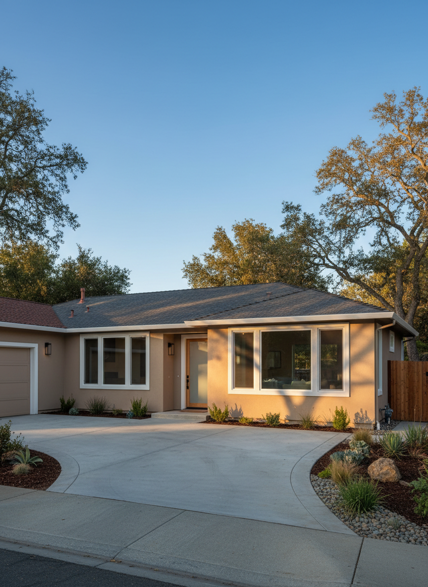 A meticulously framed wide-angle photographic view of a freshly completed modern home addition in a suburban Northern California neighborhood. The exterior showcases smooth stucco walls in warm sand tones, crisp white trim, and a low-pitched composite shingle roof tying seamlessly into the original structure. Large energy-efficient windows reflect a clear blue Lake County sky and surrounding oak trees. Late afternoon golden-hour sunlight washes across the façade, creating soft, elongated shadows that emphasize clean lines and precise craftsmanship. The composition is at eye level, with the addition subtly offset using the rule of thirds, a clean concrete driveway and neat drought-tolerant landscaping leading the eye toward the entrance. The mood is professional, trustworthy, and established, with photographic realism and sharp, detailed texture in every surface.