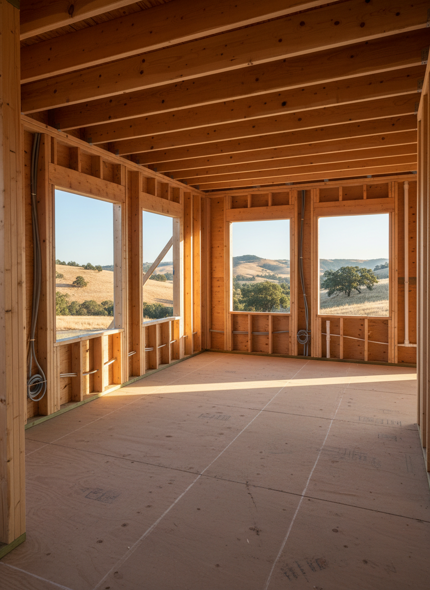 A photographic, work-in-progress view of a home addition framing project in Lake County, California, featuring clean, organized construction details. Exposed light-colored lumber studs and ceiling joists form a precise grid, with new window openings carefully spaced along one wall to capture views of distant hills and scattered oaks. The unfinished plywood subfloor is swept clean, with chalk lines marking layout. Late afternoon natural light filters through the open framing, creating a pattern of sharp, linear shadows across the floor and walls. Electrical conduit and rough plumbing are neatly routed, hinting at the next phase of work. Captured from a slightly low, wide-angle perspective at one corner of the room, the composition emphasizes depth, structure, and straight lines. The atmosphere is professional, orderly, and forward-looking, conveying trust in the construction process.