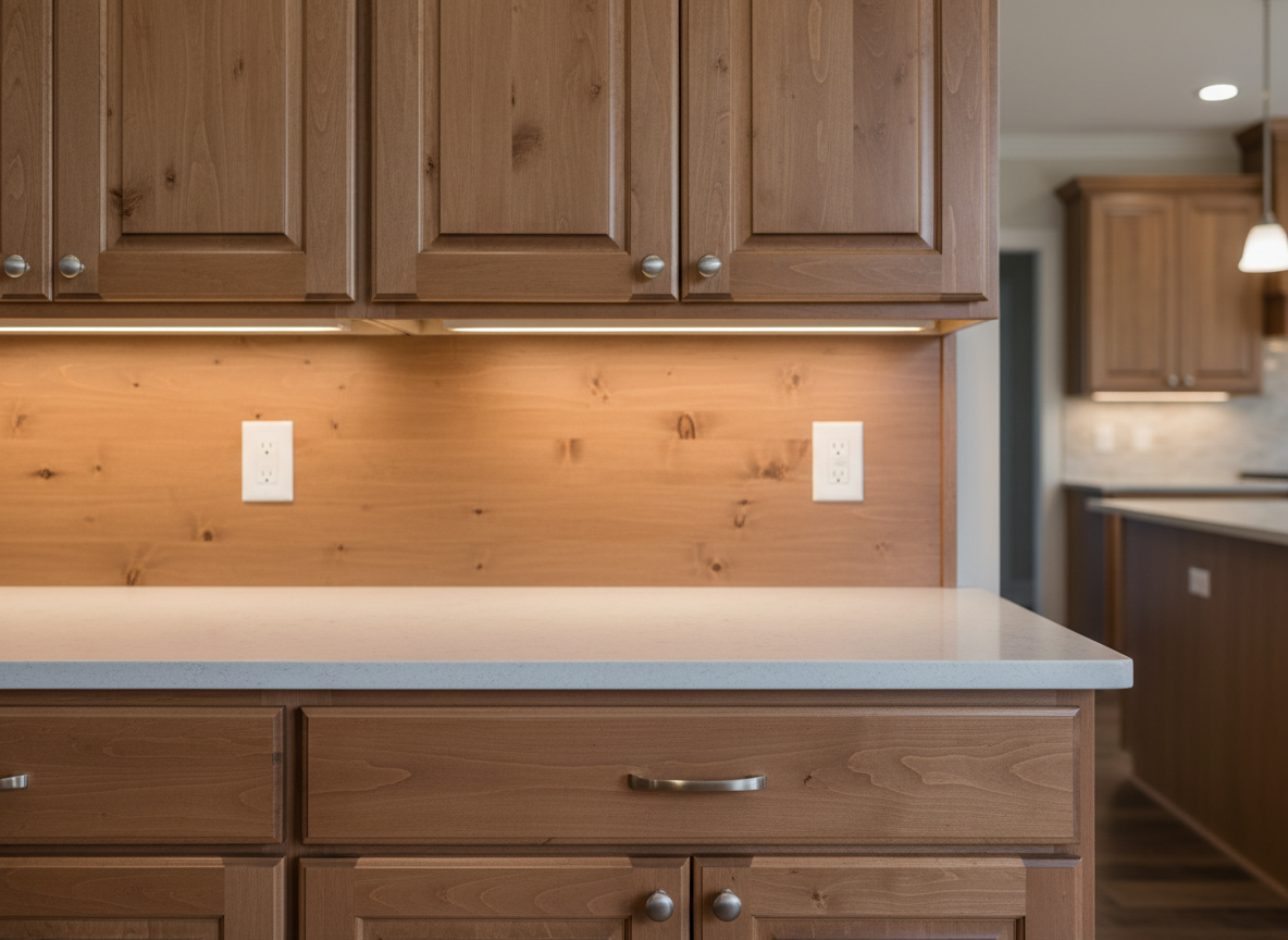 A close-up photographic view of custom-built cabinetry installed in a Lake County home, emphasizing craftsmanship and material quality. The cabinets are constructed from rich, medium-tone stained hardwood with a subtle satin finish that reveals natural grain patterns. Clean, inset doors sit perfectly flush within the frame, accented by simple brushed nickel hardware. Soft under-cabinet LED lighting washes down over the smooth quartz countertop and gently illuminates the wood, creating delicate highlights along edges and panel profiles. The background is softly blurred, hinting at a coordinated kitchen remodel with matching finishes. Shot at a slightly angled, chest-height perspective, the composition focuses tightly on the joinery, consistent reveals, and precision alignment of doors and drawers. The atmosphere is refined, dependable, and detail-oriented, reflecting a professional general contractor’s attention to finish work.