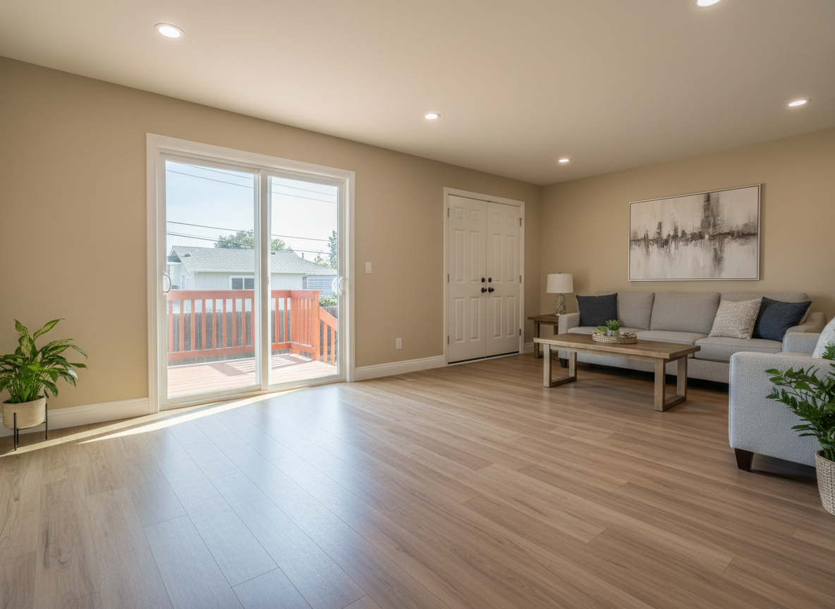 An inviting, fully remodeled living room interior in Contra Costa County, captured in crisp photographic realism. The space features smooth, freshly painted walls in a warm neutral tone, contrasted by bright white baseboards and perfectly mitered door casings around new solid-core interior doors. Wide luxury vinyl plank flooring in a natural oak finish runs wall-to-wall, flawlessly installed with straight lines and consistent gaps. A large new sliding glass door with clean, modern framing opens to a small deck, letting in abundant late-morning sunlight that creates gentle, natural shadows and delicate reflections on the floor. The composition is shot at eye level from a corner, using a wide-angle lens to capture the full expanse of the room while maintaining straight verticals. The mood is calm, polished, and highly professional, showcasing the quality of full-home remodel work.
