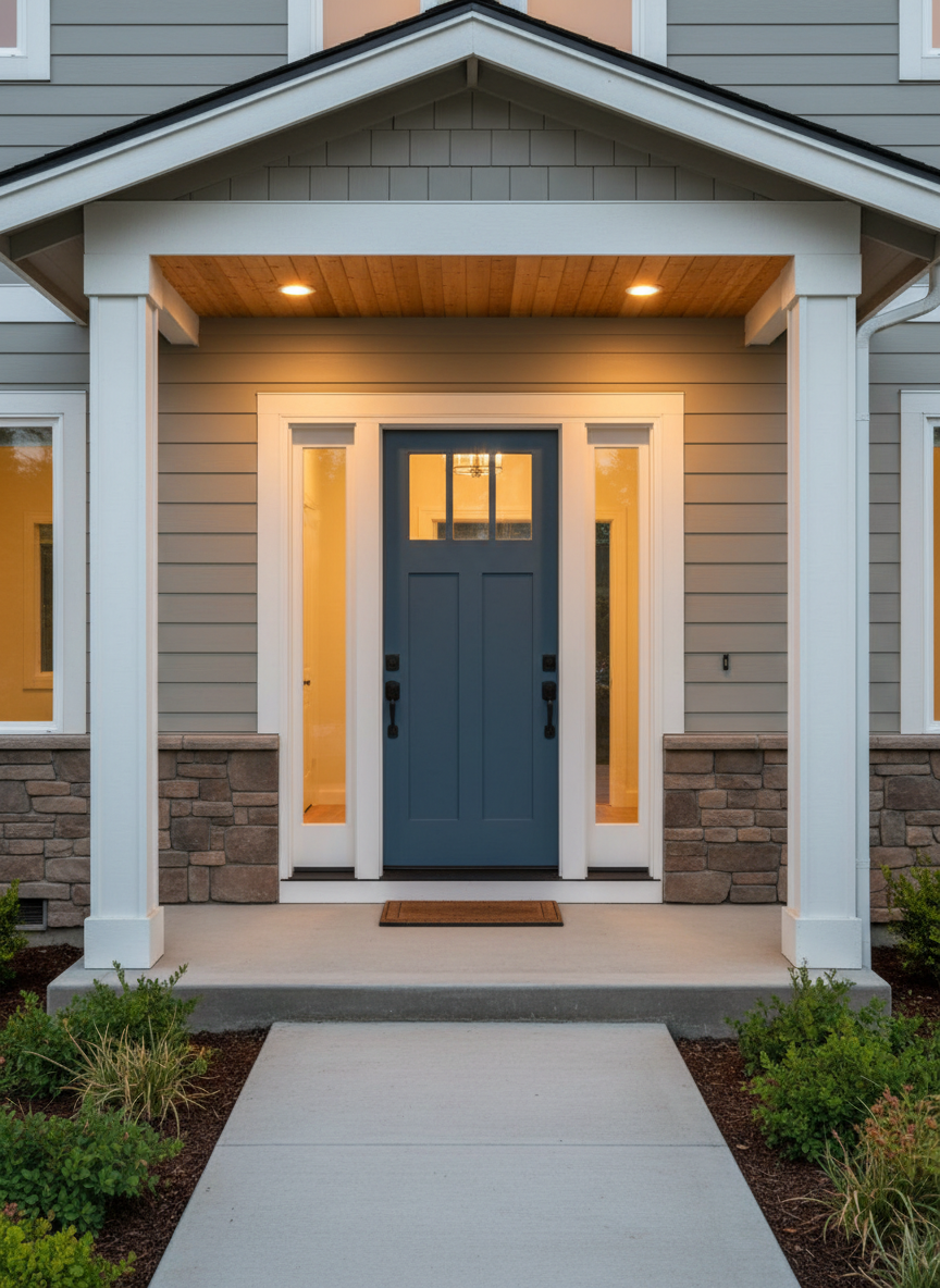 A detailed photographic scene of a front entry reconstruction on a Northern California home, focusing on doors and exterior finishes. A solid, craftsman-style fiberglass entry door in a deep, muted blue stands centered, set within crisp white trim and flanked by new sidelights with clear, energy-efficient glass. The surrounding façade features freshly painted horizontal lap siding above a low stone veneer base, all meticulously aligned. A small covered porch with tongue-and-groove wood ceiling and recessed lighting shelters the entry, while a simple concrete stoop and neatly edged walkway lead toward the door. Early evening light combines with the warm glow from the porch fixtures, casting soft, welcoming highlights and shadows. Shot straight-on at eye level with symmetrical composition, the image conveys reliability, curb appeal, and the precision of a licensed general contractor’s exterior upgrades.