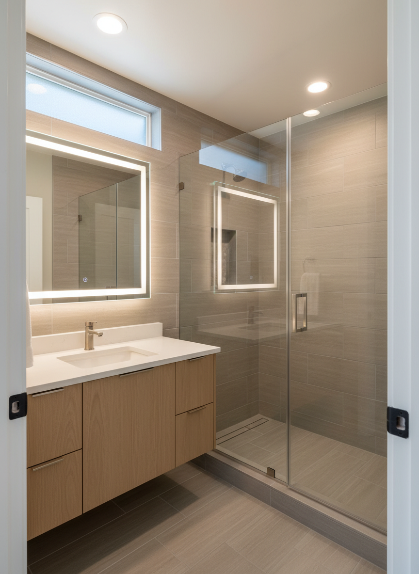 A refined bathroom remodel in a Contra Costa County home, captured with clean, photographic realism. The space features a frameless glass shower enclosure with clear panels and precise, minimal hardware, revealing large-format porcelain tiles in a soft stone pattern running floor to ceiling. A floating vanity with flat-panel light oak cabinetry supports a solid white quartz countertop and an undermount rectangular sink, paired with a sleek, brushed nickel faucet. Recessed ceiling lights and a backlit mirror provide bright, even illumination, while a small, frosted high-efficiency window allows diffused natural light, reducing glare and casting soft shadows. Neutral gray grout lines and perfectly aligned tile edges highlight precision installation. Shot at eye level from the doorway with a balanced composition, the image conveys a modern, hygienic, and highly professional atmosphere, ideal for showcasing high-end remodel capabilities.